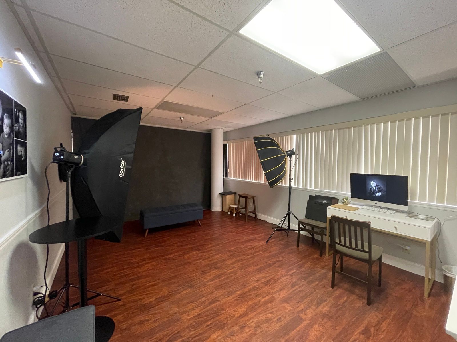The Boca Raton studio: lights, the dark backdrop and the viewing desk