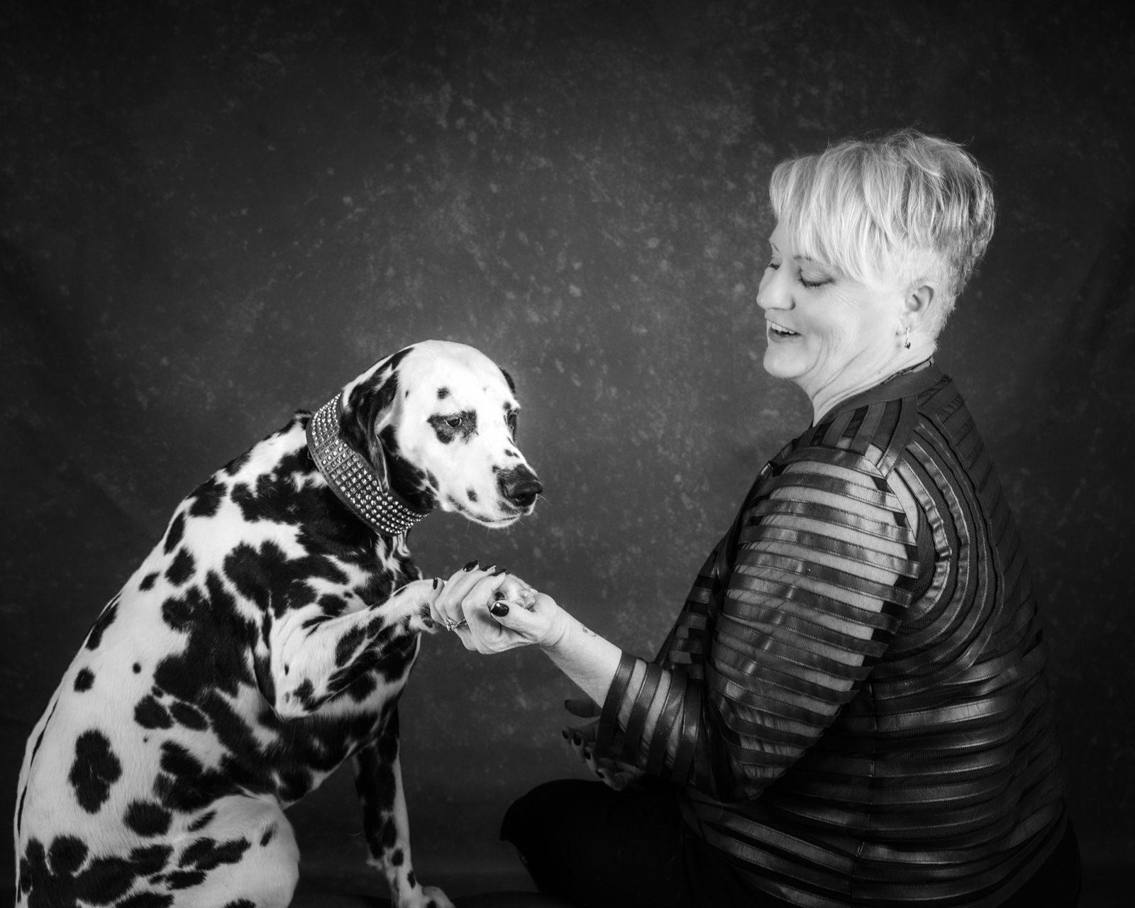 A Dalmatian giving his paw to a smiling woman