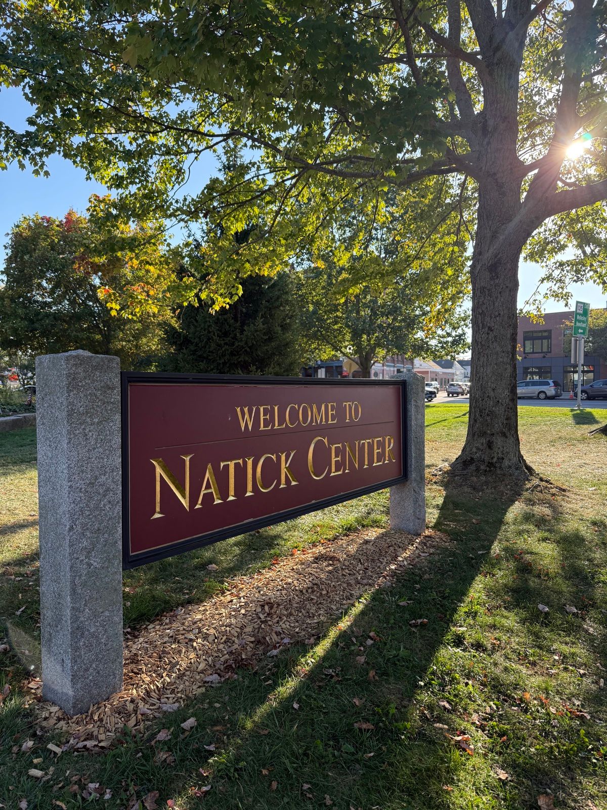 The Welcome to Natick Center sign by the Common