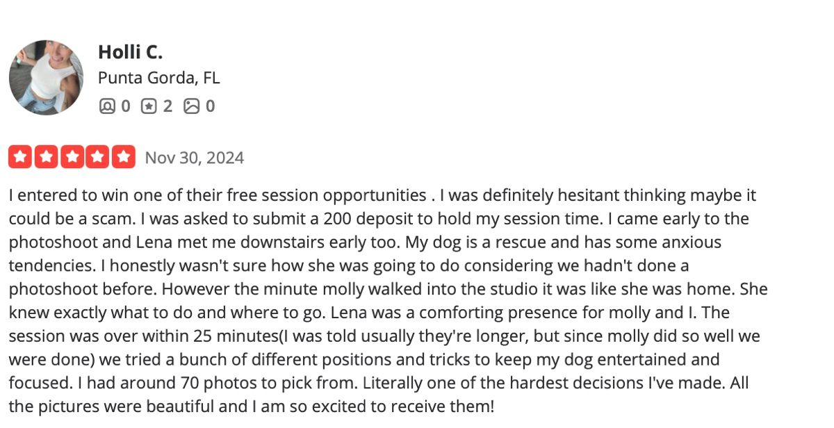 A screenshot of Holli C.'s five-star review: she was hesitant, thinking it could be a scam; her anxious rescue Molly was at home in the studio