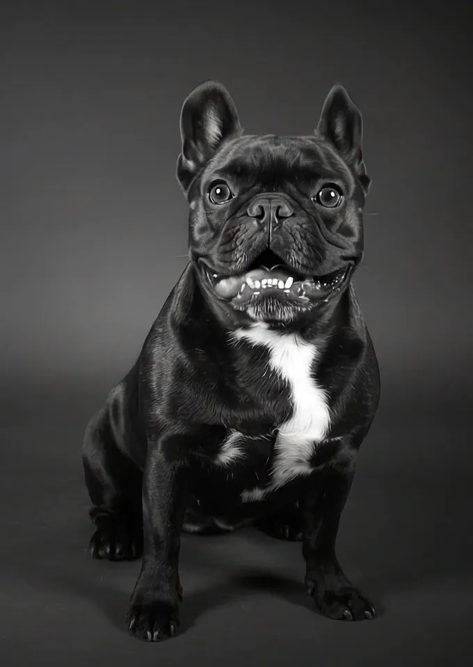Sable, a black French bulldog, sitting in our studio and looking at you