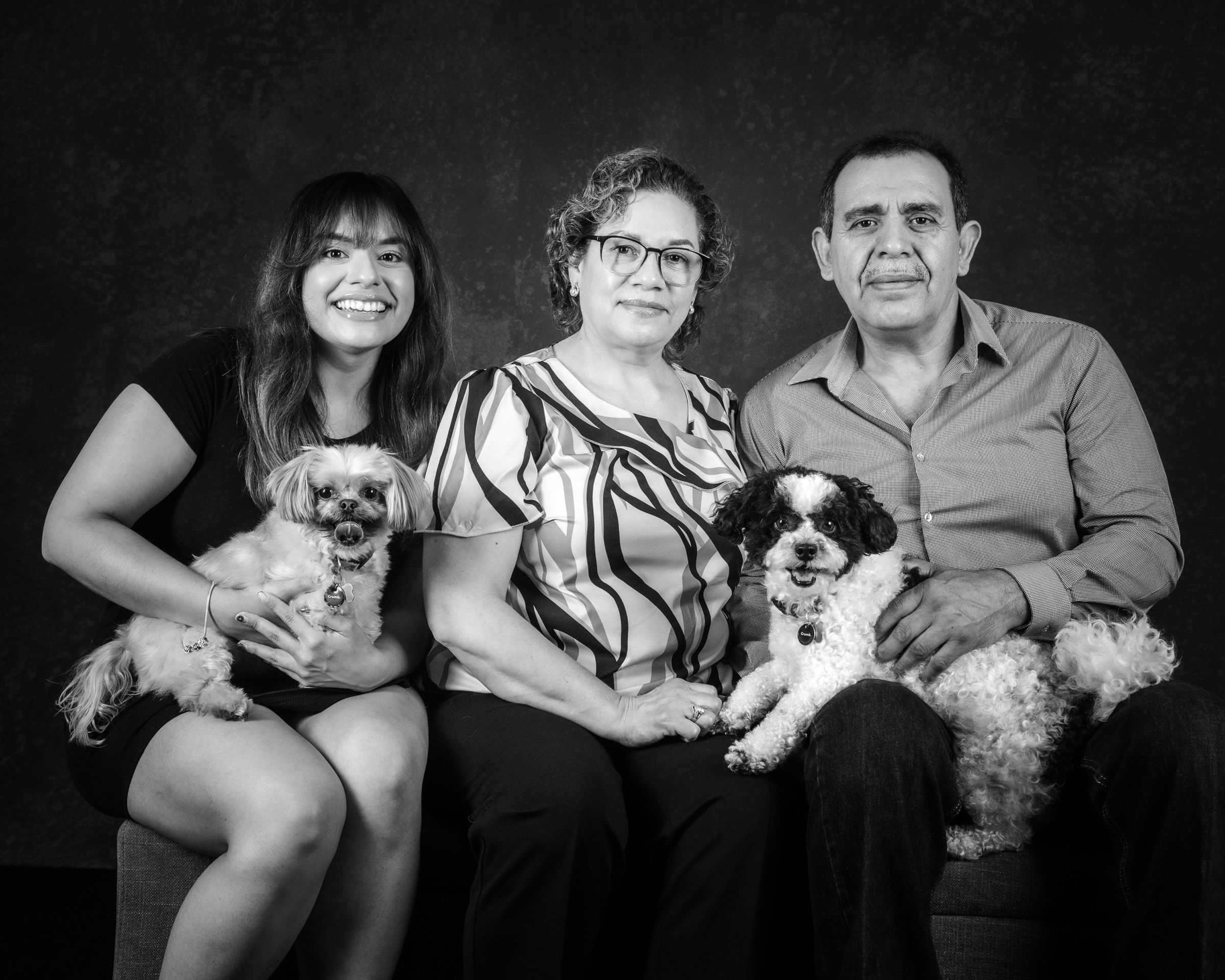 Three generations on the studio bench with their two little dogs